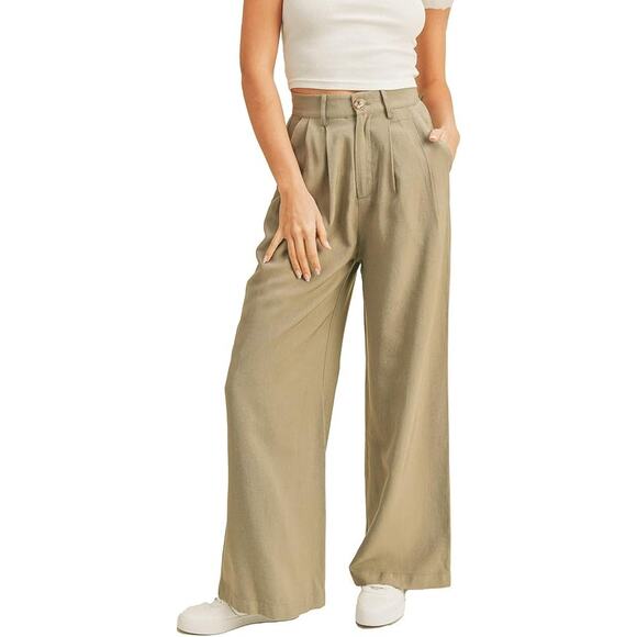 Miou Muse Womens Preppy Career High Waisted‎ Wide Leg Trousers Pants Size M Tan - Picture 1 of 9